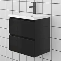 50 cm Badezimmermöbel Set Unterschrank 2 Schubladen Schwarz Hochglanz soft close Selbstmontierter Unterschrank keramik waschtisch