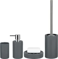 Spirella Badezimmer Set, 4-teiliges Badzubehör aus Porzellan Tube Seifenspender, Seifenschale, WC Bürste und Zahnputzbecher Grau