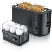 Arendo - Set Toaster FRUKOST mit Eierkocher SIXCOOK Edelstahl Schwarz, Toaster 4 Scheiben, LED-Display, 6 Bräunungsgrade, Brötchenhalter - Eierkocher 1-6 Eier, Messbecher