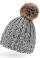 Strickmütze Herren Grobstrick Kunstfell Bommelmütze Wintermütze Neverless®  hellgrau2 unisize