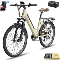 E-Bike MTB, Pannensichere Reifen 26 Zoll, Rostfreie Aluminiumlegierung Wasserdicht IP54, Bis zu 90 - 110 km mit 7 Gang und App, Gold