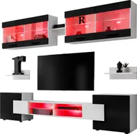 Komodee | Wohnwand, Wohnzimmerset RTV Foggia, Korpus Weiß Matt Frontfarbe Schwarz Hochglanz, LED RGB