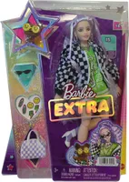Bábika Barbie Extra v čiernobielej pretekárskej bunde s fialovými vlasmi