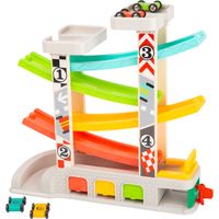Autorennbahn aus Holz mit 4 Fahrzeugen Kugelbahn Kinderspielzeug ab 3 Jahre NEU 