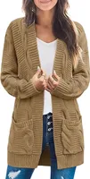 ASKSA Damen Langarm Strickjacke Mittellange Elegant Mantel Open Front Zopfstrick Sweater mit Taschen, Khaki, L
