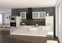 Küchenzeile komplett 370 cm weiß mit Design-Glashaube MARANELLO-03 inkl. E-Geräte, Weiß Hochglanz mit E-Geräten B x H x T ca. 370 x 200 x 60cm