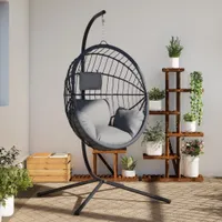 Hängesessel Ei-Design mit Ständer Grau Rattan und Stahl, Hollywoodschaukeln 2024 Neu