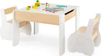 COSTWAY 3tlg. Kindersitzgruppe aus Holz, 4-in-1-Kindertisch mit 2 Stühlen & Abnehmbarer Tafel, Kindermöbel-Set mit Stauraum für Spielzimmer, Kindergarten (Weiß)