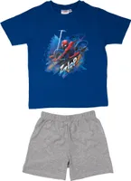 Marvel Spiderman Schlafanzug für Jungen Kinder Pyjama Set Kurzarm Oberteil mit Hose Blau/Grau, Größe:122-128
