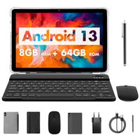 PRITOM 10 Zoll Android 13 Tablet, 8(4+4 erweiterbar)GB+64GB 1TB erweiterbar, WiFi 6, Dual-Box-Lautsprecher, BT5.0, mit Tastatur, Maus, Hülle, grau