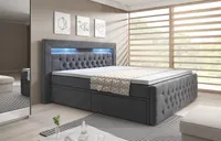Moebelfest Boxspringbett 180x200 cm mit Bunt LED-Beleuchtung: Polsterbett mit 2 Schubladen, Taschenfederkernmatratze 7 Zonen und Topper sowie Kopf- und Fußteil (Arona in Grau)
