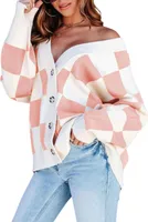 ASKSA Damen Cardigan Karomuster V-Ausschnitt Strickjacke Knopfleiste Lange aermel Strick Oberteile, Rosa, XL