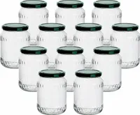 gouveo 12er Set Einmachgläser 720 ml Facette mit Schraub-Deckel grün - Große Vorratsgläser mit Drehverschluss TO82 - Leere Marmeladengläser, Einkochgläser, Einweckgläser, Aufbewahrungsgläser