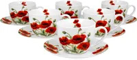 DUO FLORAL 6er-Set Tassen 220 ml CLASSIC POPPIES mit Untertassen, New Bone China Porzellan