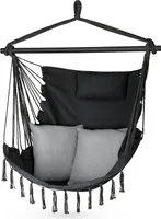 Outtec® Hängesessel mit 2 Kissen - 100x130x75cm, bis 140 kg - Boho Fransen Sessel, Sitzsack, Schaukel für Outdoor, Garten, Balkon, Zuhause - Schwarz