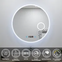 AICA LED Badspiegel Rund 70cm mit Touch/Wandschalter Beschlagfrei Kalt/Neutral/Warmweiß Dimmbar Badezimmerspiegel mit Uhr und 3-Fach Kosmetikspiegel IP44