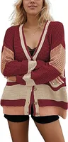 ASKSA Damen Pullover Strickjacken V-Ausschnitt Farbblock Langarm Strick Cardigan Casual Knopfleiste Strickmantel (Rot,M)