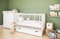 2in1 Babybett und Kinderbett 120x60cm, Weiss, mit 3-Fach Höhenverstellbarer und 3 Schlupfsprossen, Matratze und Schublade, Umbaubar zum Juniorbett, aus Kiefernholz