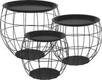 ML-Design Beistelltisch Rund 3er Set, Schwarz, aus Metall, Stauraum, abnehmbarer Tischplatte, Wohnzimmertische Sofatische Kaffeetische Satztische Couchtisch Metallkörbe