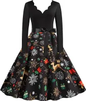 Weihnachtskleid Damen, Langarm  Silvester Maxikleider A Linie Vintage Partykleid Weihnachtlich Bedruckt Cocktailkleid Festliche Kleider Für Frauen, A01