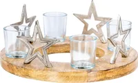 Adventskranz ø30cm Mango Holz Silber Natur Kerzenhalter Sterne Weihnachten Deko