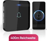 AVANTEK Funk-Türklingel mit 1 Empfänger - Schwarz - Reichweite 400 Meter - Wasserdicht - Batteriefrei - 52 Melodien