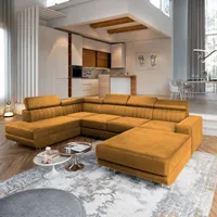 Masseno Narożnik SIENA L-S z funkcją spania i pojemnikiem na pościel Kształt U, Rozkładana sofa, Rogówka - Żółty, MONOLITH 48