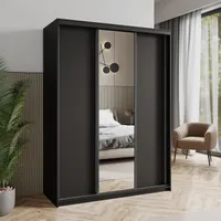 Masseno Schiebetürenschrank TAVI 150/205/60 cm Kleiderschrank mit Schubladen Schlafzimmer Schrank 3-türig mit Spiegel Schwarz + Schwarz