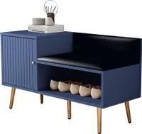 MODFU Schuhregale Schuhtruhe mit gepolsterter Sitzbank und Rückenlehne, Metallgriffen und Metallbeinen, Perfekt für den Eingangsbereich, Blau