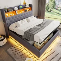 Flieks Polsterbett 160x200cm mit Ladefunktion, Doppelbett Boxspringbett mit Staufach, Jugendbett Holzbettt mit LED und Lattenrost, Leinen, Grau
