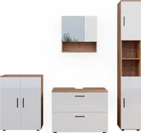 Vicco Badmöbel-Set Irma, 4 Teile, mit Schubladenschrank und Midischrank, Eiche/Weiß Hochglanz