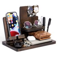Yorbay Telefon Docking Station Holz, Geschenk für Männer Ehemann Freund, Schreibtisch Organizer für Handy Tablet Uhren Brillen Schlüssel(Dunkelbraun)