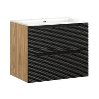 Badezimmermöbel-Set Hängeschrank mit zwei Schubladen und Waschbecken „Presto X“ Schwarz - geölte Eiche 70 cm
