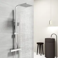 Duschsystem mit Thermostat 38℃ Duscharmatur Chrom Regendusche Duschset Dusche inkl. Regal verstellbarer Edelstahl Duschstange Duschset