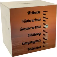 Urlaubsziele Spardose aus Holz mit Spruch