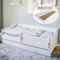 Kinderbett Jugendbett 80x160 mit Matratze Rausfallschutz & Schublade | Kinder Sofa Couch Bett umbaubar weiß