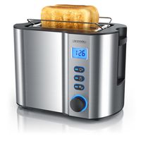 Arendo Toaster für 2 Scheiben mit Restzeitanzeige, 800W, wärmeisolierendes Doppelwandgehäuse, Brötchenaufsatz, Auftaufunktion, Silber