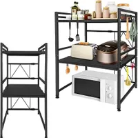 JOIEYOU Mikrowellen Regal 3-stufiges Erweiterbares Regal Küche Mikrowellenregal Standregal mit 3 Haken Küchenregal Organizer für Küchen Arbeitsplatte und Aufbewahrung, Schwarz