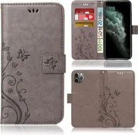 Handy Tasche für Apple iPhone 11 Schutz Hülle Handyhülle mit Blumenmuster Klapp Hülle mit Standfunktion und Kartenfächer Farbe: Grau