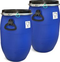 2 Stück: 60 L Weithalsfass mit Spannverschluss | Lebensmittelecht | Universalfass | Futtertonne | Regen Maische Tierfutter Trinkwasser Camping Lagerfass | Stapelbar | Blau 2 Stück: 60 L Weithalsfass mit Spannverschluss | Lebensmittelecht | Universalfass | Futtertonne | Regen Maische Tierfutter Trinkwasser Camping Lagerfass | Stapelbar | Blau