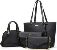 MODFU 4 tlg Umhängetasche Schultertasche mit Reißverschlüsse Shopper Tasche ,Handtasche Groß Schultertasche Kunstleder, Schwarz