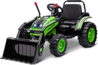HOMCOM Kinder Elektrobagger Sitzbagger für Kinder Aufsitzbagger Geländewagen traktor elektrisch zum Fahren mit Musik Schaufel Armen 3–5 Jahre PP-Kunststoff Stahl Grün 132 x 62 x 65 cm
