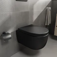 Aqua Bagno Spülrandlose Toilette inkl. WC-Sitz Keramik schwarz matt Design Hänge-WC Wand-WC ohne Rand WC-Sitz mit Absenkautomtik & und abnehmbar Softclose Gästebad