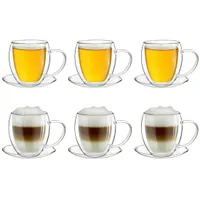 Creano 6 doppelwandige 250ml Glas-Thermotassen mit Untersetzer, Glas-Teetasse / Kaffeetasse mit Schwebeeffekt, Henkel im Geschenkkarton - 6er Set