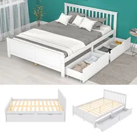 OPULHAUS Massivholzbett 140x200cm Kinderbett Jugendbett Erwachsenenbett mit Lattenrost Hausbett aus Kieferholz mit Schubladen zur Aufbewahrung weiß
