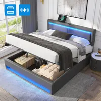 MODFU Boxspringbett Hydraulisches 160 x 200 cm mit LED-Beleuchtung, Polsterbett Funktionelles mit USB-Ladeanschluss(unterstützt kabelloses und kabelgebundenes Laden), Stauraumbett mit Bettkasten Stauraum, PolyurethanGrau(Mit Matratze)