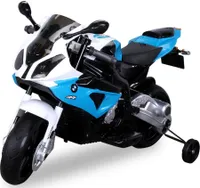 Kindermotorrad BMW S 1000 RR, lizenziert, 70 Watt, EVA-Vollgummireifen, Stützräder, 12 V, Soundmodul, Bremsautomatik, 2 x 12 V Motoren - Blau