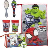 Theonoi Uni Adulto 2500002853 3-teiliges Kindergarten-Set von Marvel Spidey & Friends: Handtuch, Bürste und Becher in PVC-freiem Kosmetikkoffer, 0