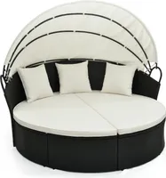 COSTWAY Sonnenliege Rattan, Gartenliege mit Kissen & einziehbarem Baldachin, Sonneninsel für 2-3 Personen 187x180x157cm