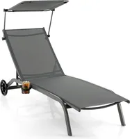 Liegestuhl mit Sonnenblende, Relaxliege mit Rückenlehne, verstellbar in 6 Positionen, neigbar, mit Rollen und Getraenkehalter, für Pool, Garten, Terrasse (grau)